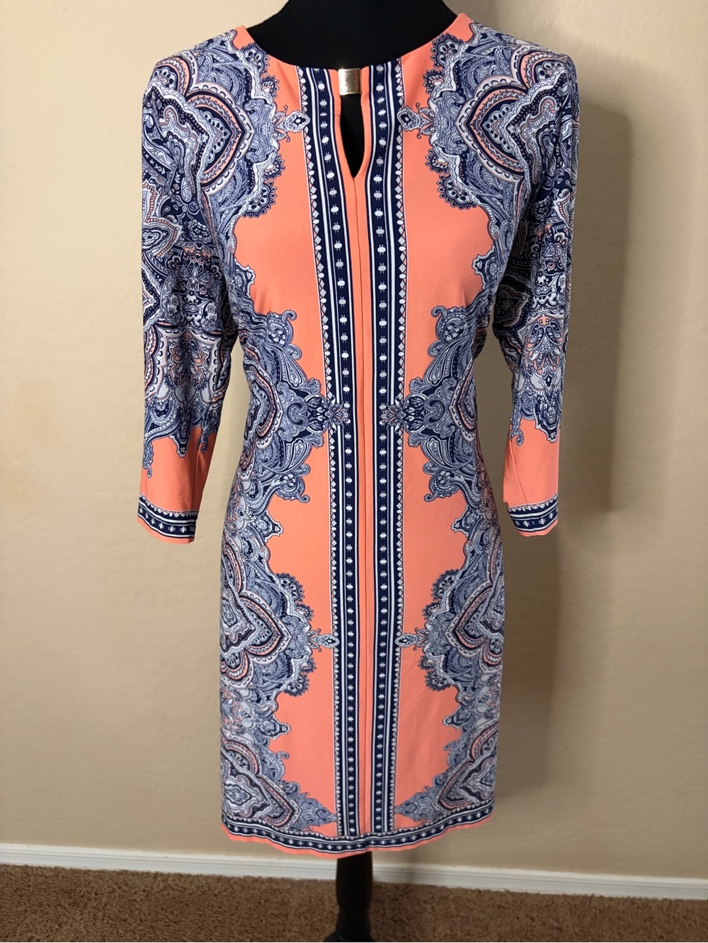 Sz 16-Signature Coral and Navy Paisley-Print Long Sleeve Sheath Dress